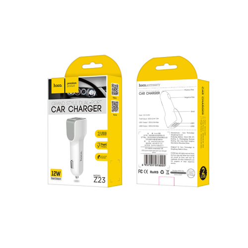 АЗУ 12-24V HOCO Z23, 2xUSB, 12W, White, Box