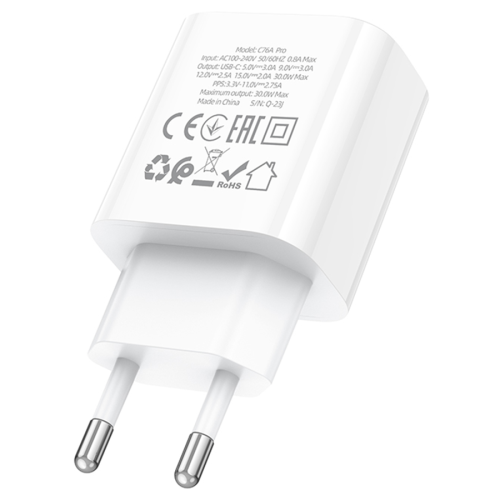 СЗУ 110-240V HOCO C76APro, USB-C, PD30W, PPS, QC3.0, White, Box