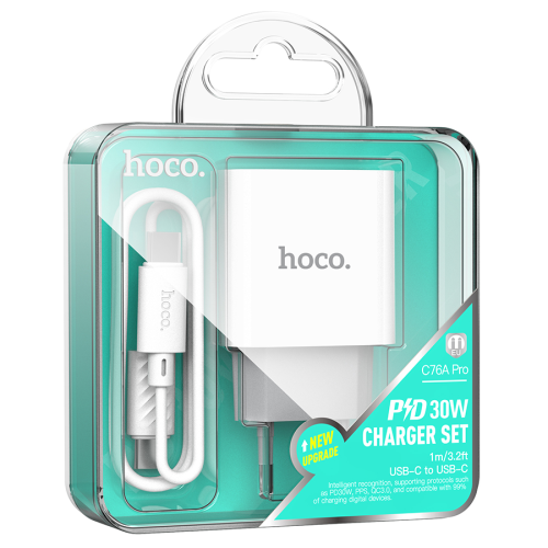 Набір СЗУ 110-240V HOCO C76A Pro+ Type-C кабель, USB-C, PD30W, кабель 1м, White, Box