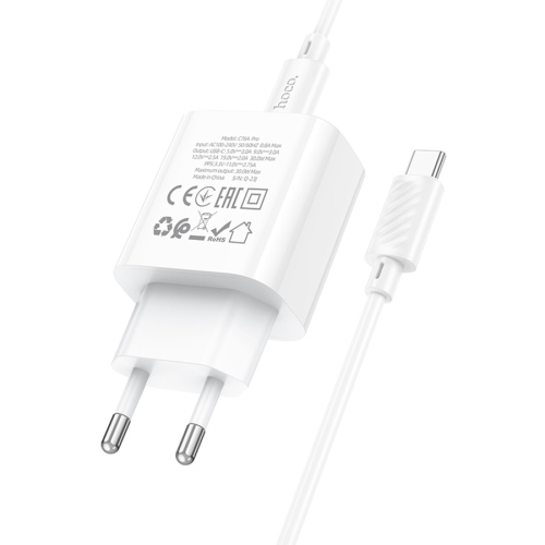 Набір СЗУ 110-240V HOCO C76A Pro+ Type-C кабель, USB-C, PD30W, кабель 1м, White, Box