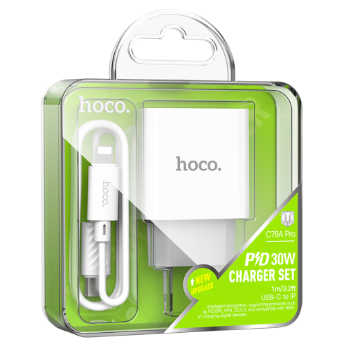 Набір СЗУ 110-240V HOCO C76A Pro+ Lighting кабель, USB-C, PD30W, кабель 1м, White, Box