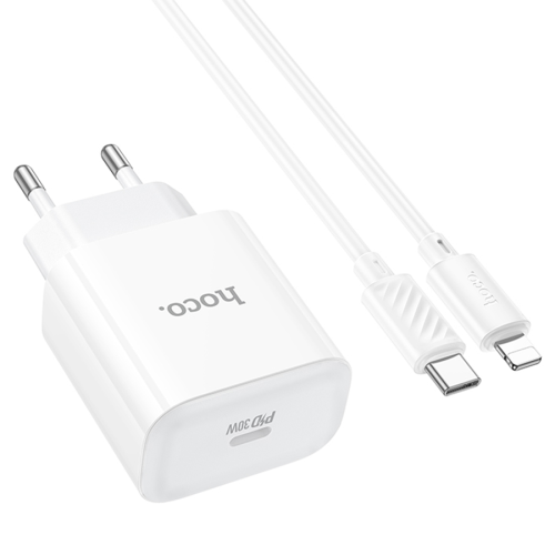 Набір СЗУ 110-240V HOCO C76A Pro+ Lighting кабель, USB-C, PD30W, кабель 1м, White, Box