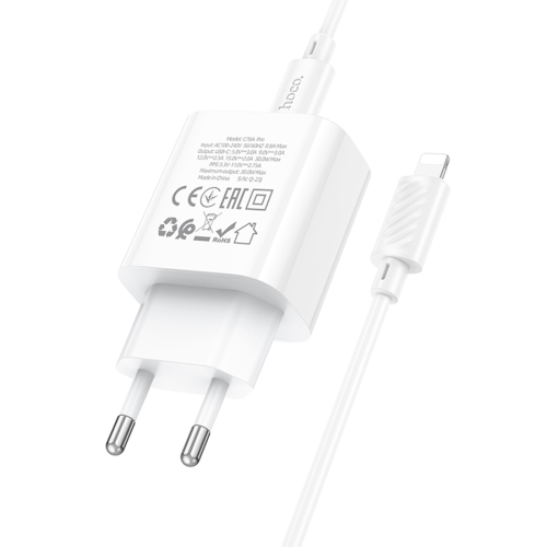 Набір СЗУ 110-240V HOCO C76A Pro+ Lighting кабель, USB-C, PD30W, кабель 1м, White, Box