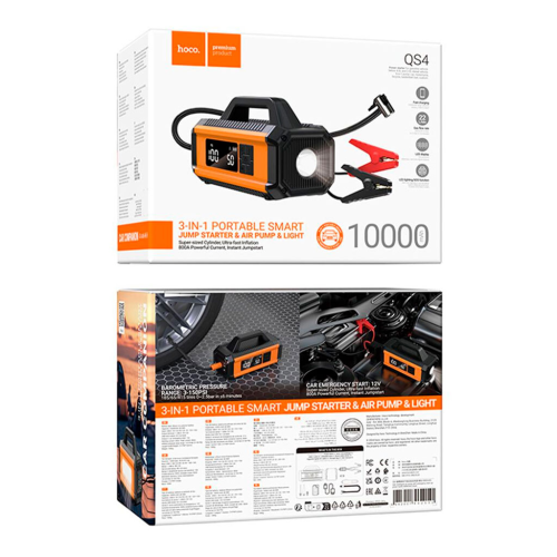 Пусковий прилад для акумулятора автомобіля+ насос HOCO QS4, Power Bank 10000mAh, 2xUSB+ Type-C, корпус пластик, Box