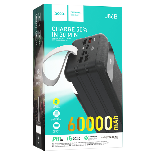 Power Bank HOCO J86B 60000mAh, 4USB+2Type-C+Lighting+micro, 22.5W+PD20W, ліхтарик, Black, 1.33kg