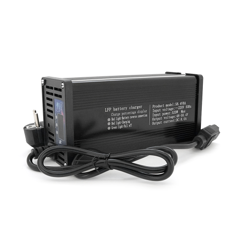 Зарядний пристрій Jinyi для акумуляторів LiFePo4 48V(58,4V),16S,8Aштекер Triangle plug (T-tipe / IEC / C13 N+L-),з індикацією,BOX