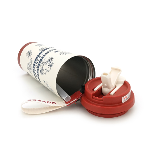 Термокухоль пластиковий Merlion Coffee, з трубочкою, об&apos;єм 500мл., колба з нержавіючої сталі, білий з червоним і сірим