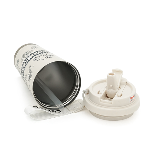 Термокухоль пластиковий Merlion Coffee, з трубочкою, об&apos;єм 500мл., колба з нержавіючої сталі, біла з сірим