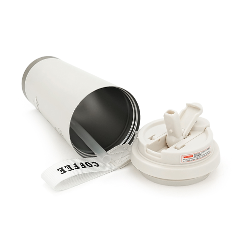 Термокухоль пластиковий Merlion Coffee, з трубочкою, об&apos;єм 500мл., колба з нержавіючої сталі, біла з сірим