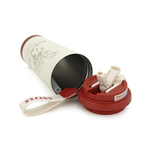 Термокухоль пластиковий Merlion Coffee, з трубочкою, об&apos;єм 500мл., колба з нержавіючої сталі, білий з червоним і сірим