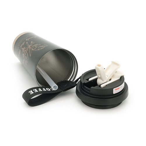 Термокухоль пластиковий Merlion Coffee, з трубочкою, об'єм 500мл., колба з нержавіючої сталі, чорний