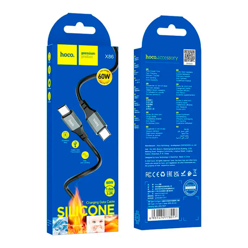 Кабель Hoco X86 silicone, C-Type C, 60W, Black, довжина 1м, BOX