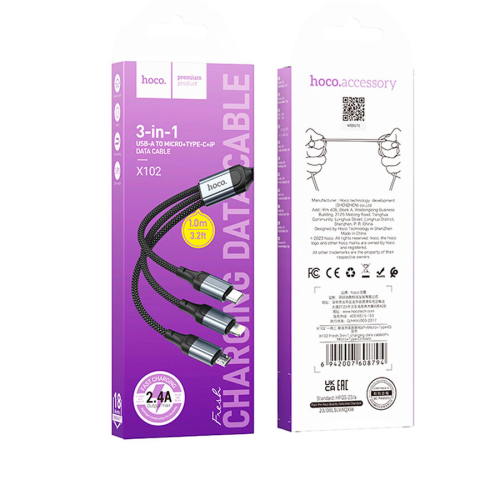 Кабель HOCO X102 USB-1 3 in 1 Micro / Iphone / Type-C, 2A, довжина 1м, Black, Box