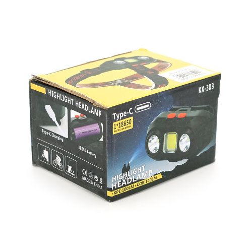 Налобний Ліхтарик KX-303, 3+3 реж., COB, корпус-пластик, водостійкий, 18650 акумулятор, USB кабель, BOX