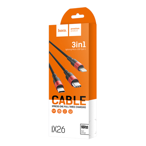 Кабель HOCO X26 USB-1 3 in 1 Micro / Iphone / Type-C, 2A, довжина 1м, Black / Red, Box