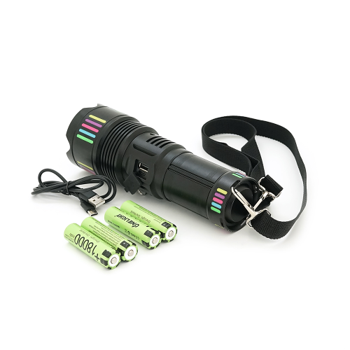 Ліхтар пошуковий BP-505 LED PM60, 4 режими, індикація заряду, живлення від 4*18650, IP65, USB кабель, 260х140х85мм, 1,140кг, Black, BOX