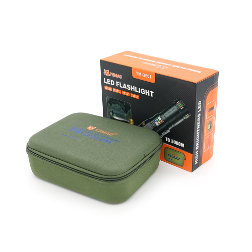 Ліхтар пошуковий YEMAO YM-G601 LED PM60, 4 режими, індикація заряду, живлення від 4*18650, IP65, USB кабель, 245х195х90мм, 1,260кг, Black, Чохол+BOX