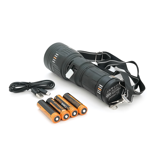 Ліхтар пошуковий YEMAO YM-G601 LED PM60, 4 режими, індикація заряду, живлення від 4*18650, IP65, USB кабель, 245х195х90мм, 1,260кг, Black, Чохол+BOX