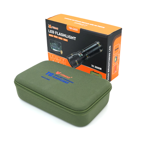 Ліхтар пошуковий YEMAO YM-G600 LED PM60, 4 режими, індикація заряду, живлення від 4(2*18650), IP65, USB кабель, 325х205х100мм, 1,600кг, Black, Чохол+BOX