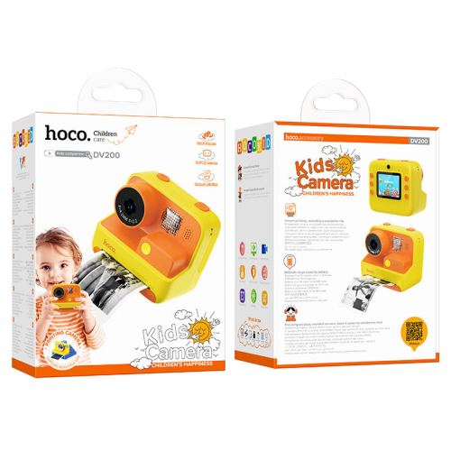 Дитячий фотоапарат HOCO DV200 з двома камерами та функцією миттєвого друку, підтримка microSD card, Orange / Yellow, Box