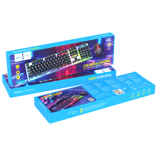 Комплект провідний KB+Mouse HOCO GM18, USB, RGB підсвічування, (Eng / Pyc), Black / White, Box
