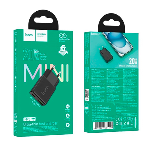СЗУ HOCO N73 110-240V, PD20W+Q3.0, USB+Type-C, Black, Box
