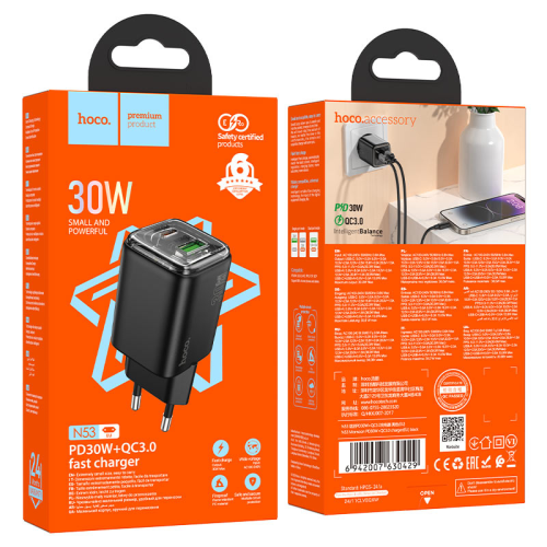СЗУ HOCO N53 110-240V, PD30W+Q3.0, USB+Type-C, Black, Box
