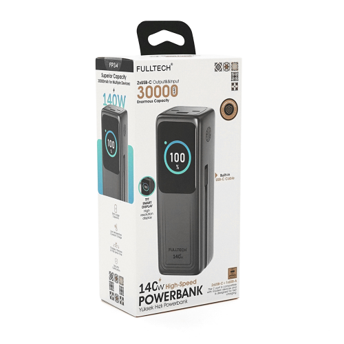 Powerbank Fulltech FP34 30000mAh, Fast charge PD140W, Li-pol, LCD Display, Вхід:Type-C, Виходи: 2xUSB Type-C, 1xUSB Type-A, USB Type-C Cable, Box