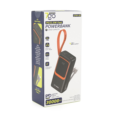 Powerbank 7GO GPW-08 30000mAh, Fast charge PD22.5W, Li-pol, LCD Display, Вхід:Type-C, Виходи: 2xUSB Type-C, 4xUSB Type-A, Type-C / Lightning, Box