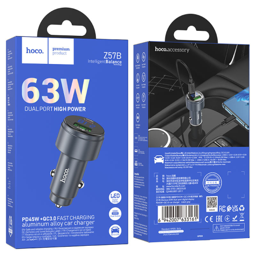 АЗУ 12-24V HOCO Z57B, USB 3.0+USB-C, 3A, PD45W+QC3.0, Grey, Box