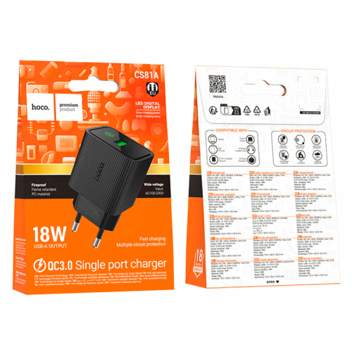 СЗУ 110-240V HOCO CS81A, 1xUSB, 3A, 18W, QC3.0, Black, Blister