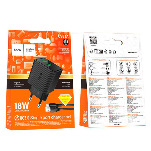СЗУ 110-240V HOCO CS81A+ кабель Micro, 1xUSB, 3A, 18W, QC3.0, кабель 1м, Black, Blister