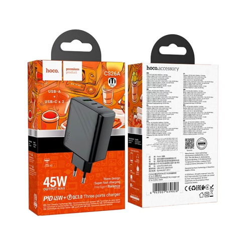СЗУ 110-240V HOCO CS26A 1xUSB-A, 2xUSB-C, 3A, PD45W+QC3.0, Black, Box