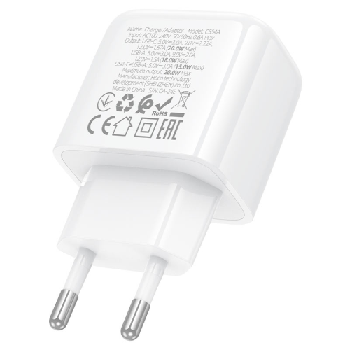 СЗУ 110-240V HOCO CS54A, 1xUSB, 1xUSB-C, PD20W, White, Blister