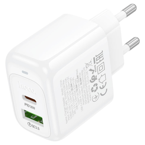 СЗУ 110-240V HOCO CS55A, 1xUSB, 1xUSB-C, PD30W, White, Blister