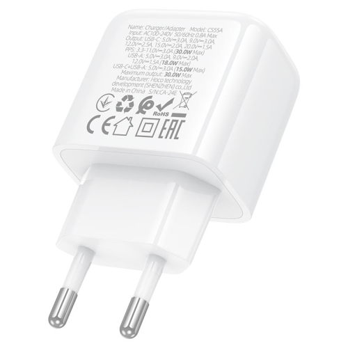 СЗУ 110-240V HOCO CS55A, 1xUSB, 1xUSB-C, PD30W, White, Blister