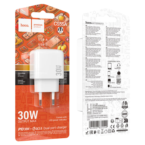 СЗУ 110-240V HOCO CS55A, 1xUSB, 1xUSB-C, PD30W, White, Blister