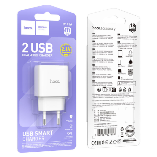 СЗУ 110-240V HOCO C141A 2xUSB, 10.5W, White, Box