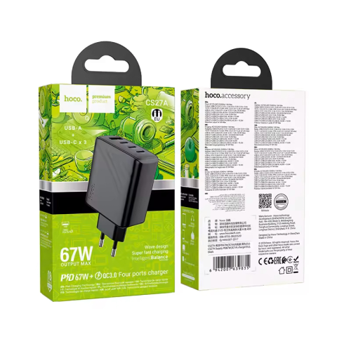 СЗУ 110-240V HOCO CS27A 1xUSB-A, 3xUSB-C, 3A, PD67W+QC3.0, Black, Box