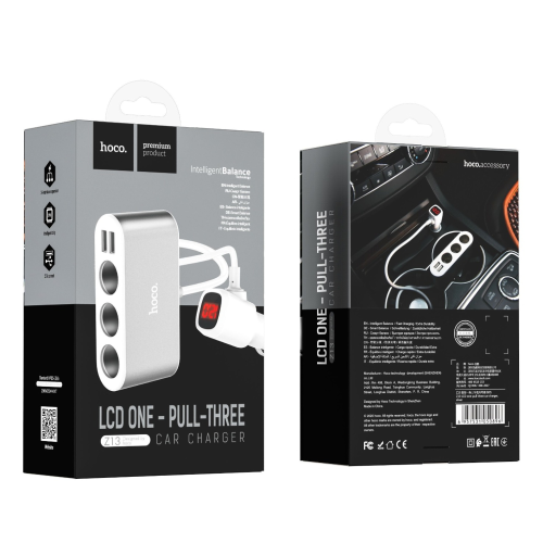 АЗУ-розгалужувач Hoco Z13. In: 12-24V. 3 гнізда прикурювача. 2 порти USB (2.1A). LED дисплей. Grey. Box
