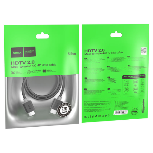 Кабель HOCO HDMI-HDMI 4Kx2K Ultra HD, 1m, v2,0, круглий Black, конектор Black, Blister