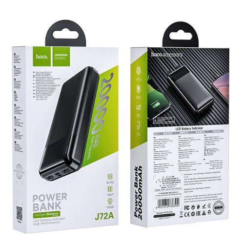 Power Bank HOCO J72A 20000mAh, USB+Type-C, 2A, Black, 0.450kg, Box