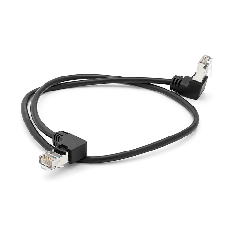 Патч-корд литий FTP, RJ45(кутовий / кутовий), екранований, FTP5e 0.65m, patch D=4.9mm AWG26 2x90&amp;deg; CU, DC 2-12V, чорний, Q200