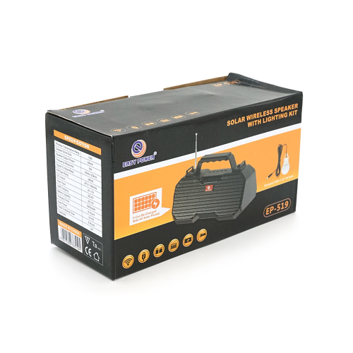 Переносний ліхтар EP-519 + Solar, Функції: PowerBank, FM радіо, USB / TF, Bluetooth, АКБ 1800mAh, 1 виносна лампочка 1W, 244x193x50мм, Black, Box