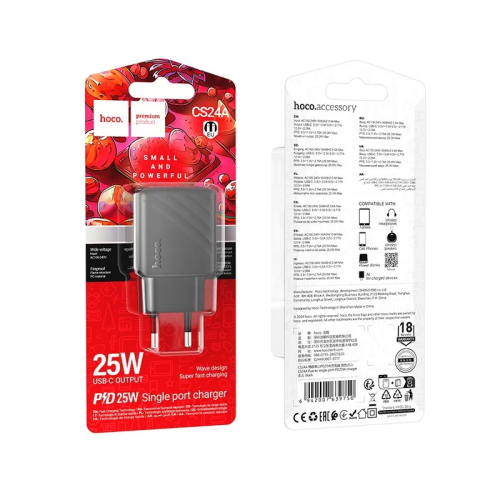 СЗУ 110-240V HOCO CS24A USB-C+USB, 25W, Black, Box