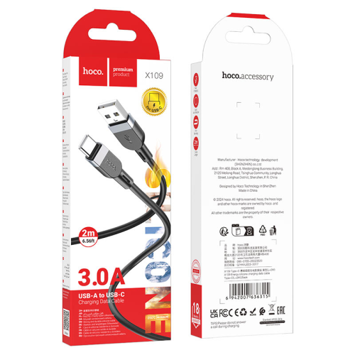 Кабель Hoco X109, Type-C-USB, 3A, Black, довжина 2м, BOX