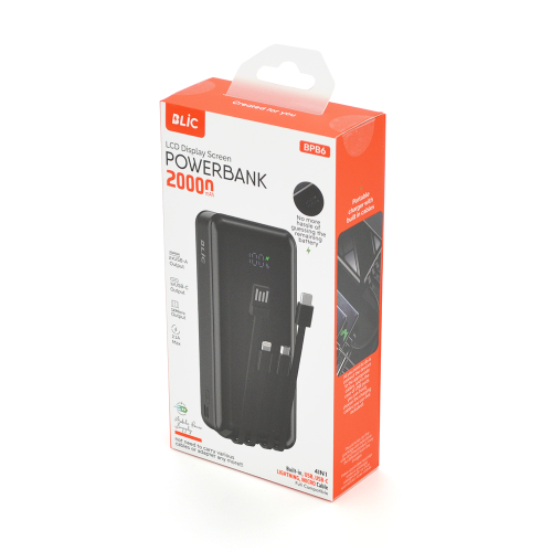 Powerbank BLIC BPB6 20000mAh, 2.1A, 4 кабелі: Type-C, Lighting, Micro, USB, Black, 0,450kg, Box