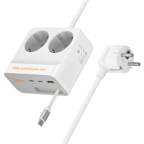 Мережевий фільтр HOCO AC28A на 2 розетки + 1 USB + 3 USB-C, 45W, 220В, кабель 2м, White, Box