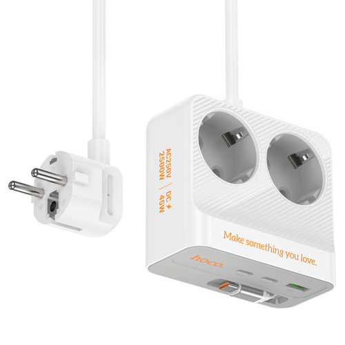 Мережевий фільтр HOCO AC28A на 2 розетки + 1 USB + 3 USB-C, 45W, 220В, кабель 2м, White, Box