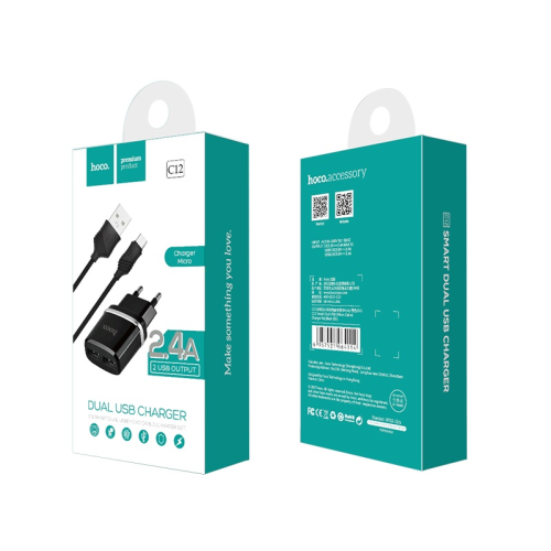 Набір СЗУ HOCO C12 Smart + кабель Micro, 2xUSB, 2.4A, кабель 1м, Black, Blister